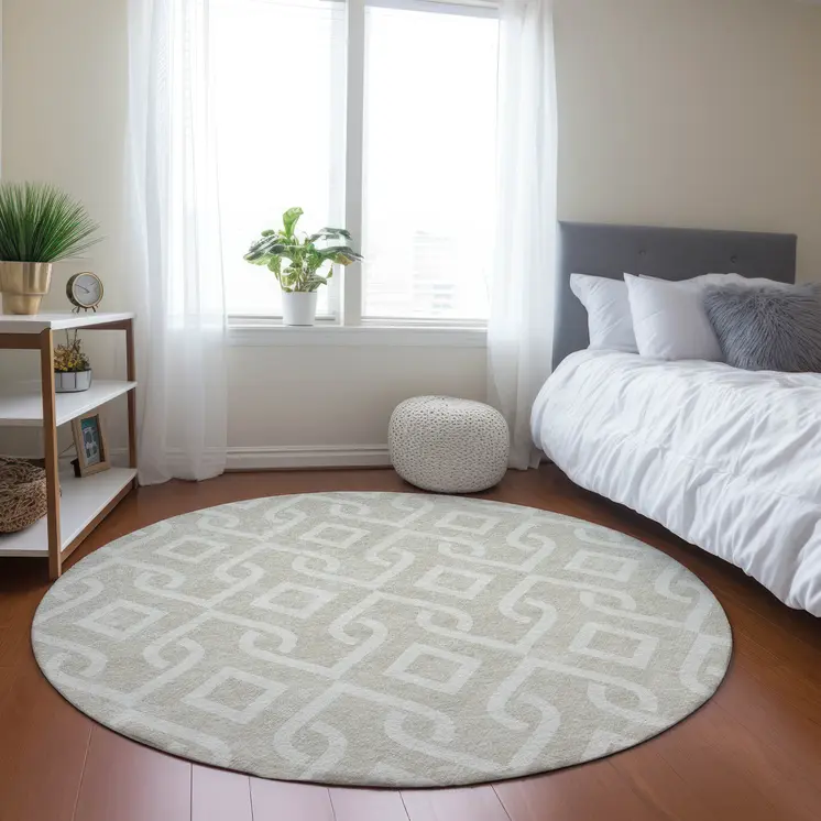 8' Beige And Ivory Round Geometric Washable Indoor Outdoor Area Rug