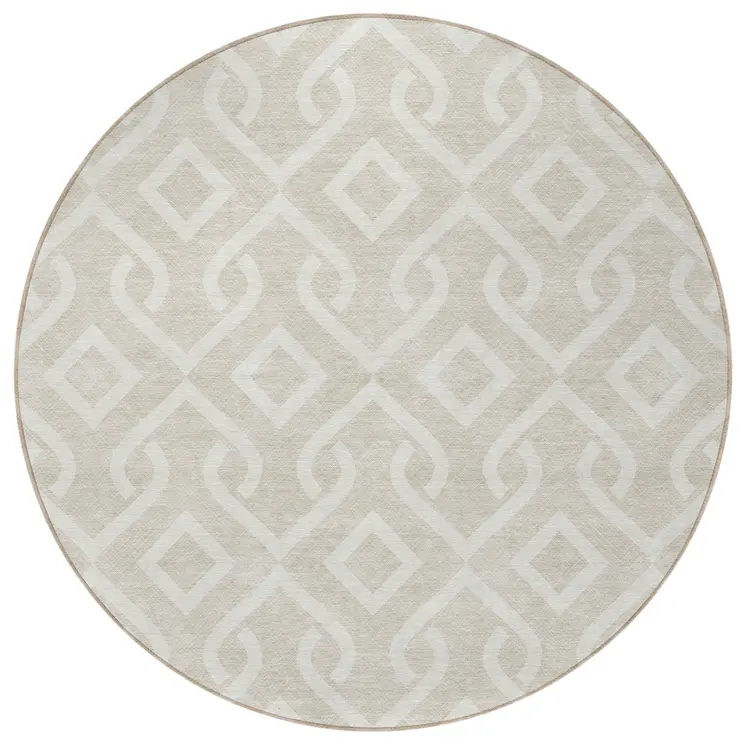 8' Beige And Ivory Round Geometric Washable Indoor Outdoor Area Rug