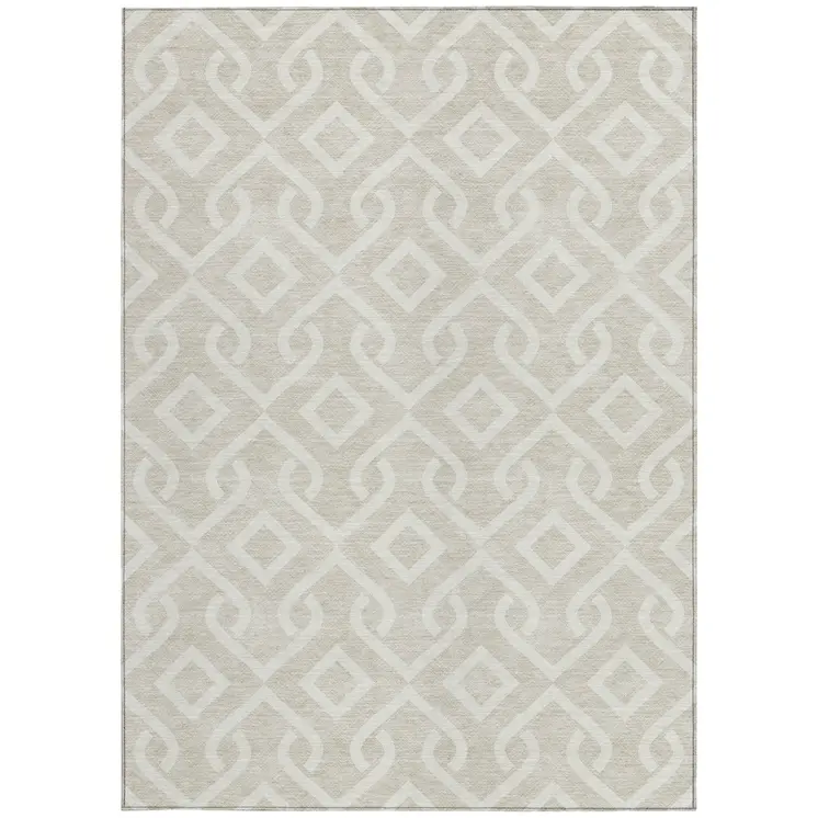 9' X 12' Beige And Ivory Geometric Washable Indoor Outdoor Area Rug