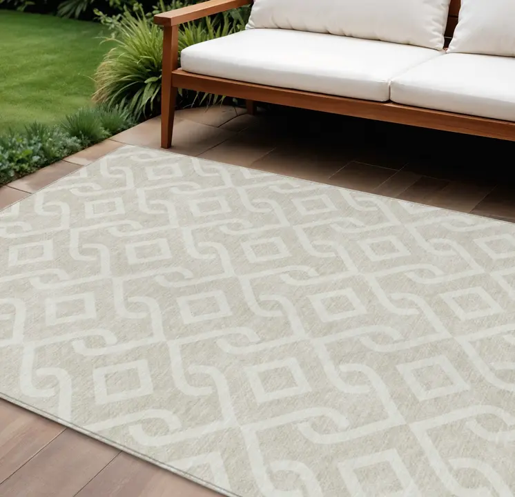 9' X 12' Beige And Ivory Geometric Washable Indoor Outdoor Area Rug