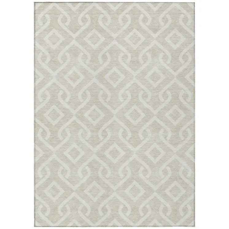 9' X 12' Beige And Ivory Geometric Washable Indoor Outdoor Area Rug