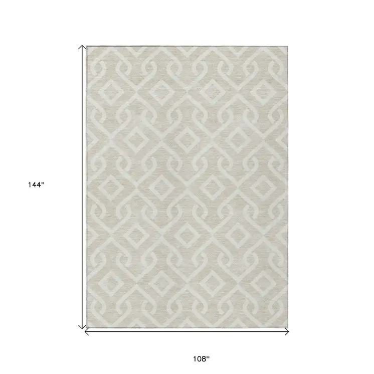 9' X 12' Beige And Ivory Geometric Washable Indoor Outdoor Area Rug