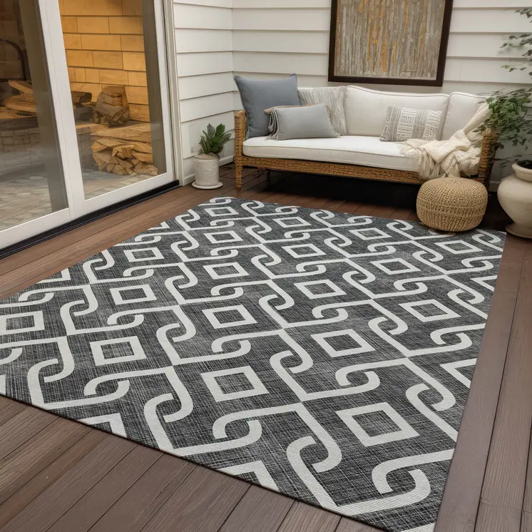 5' X 8' Black And Ivory Geometric Washable Indoor Outdoor Area Rug