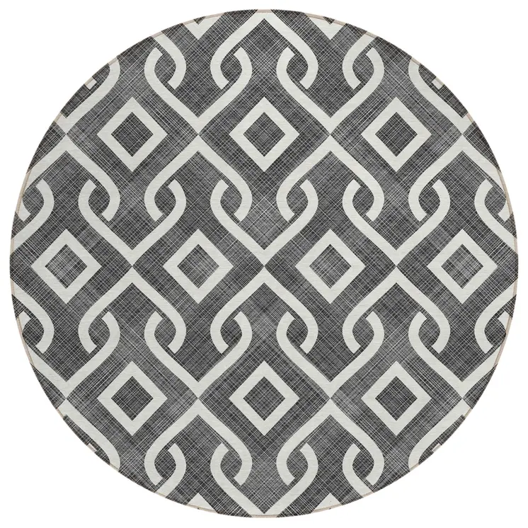 8' Black And Ivory Round Geometric Washable Indoor Outdoor Area Rug