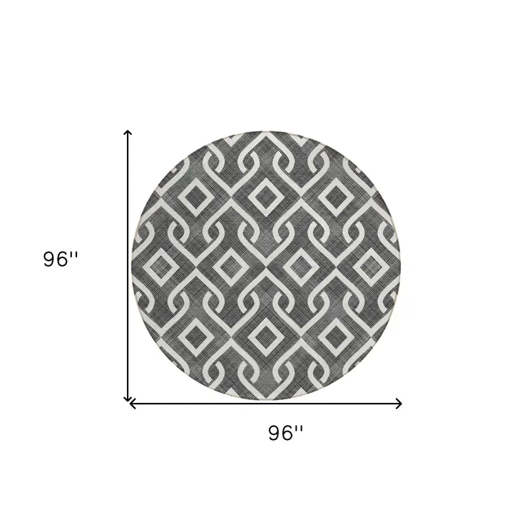 8' Black And Ivory Round Geometric Washable Indoor Outdoor Area Rug
