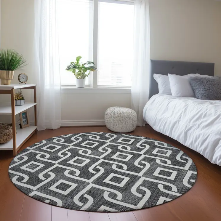 8' Black And Ivory Round Geometric Washable Indoor Outdoor Area Rug