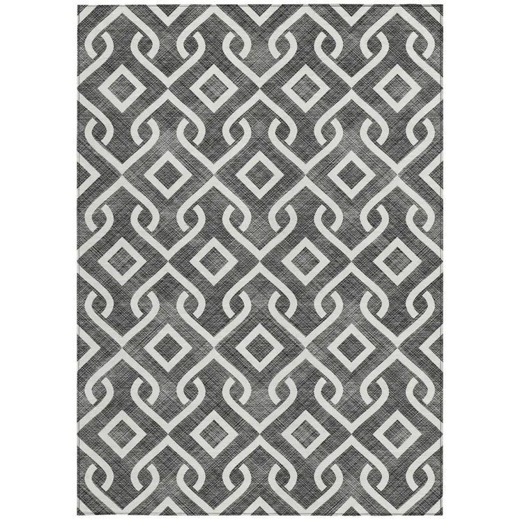 8' X 10' Black And Ivory Geometric Washable Indoor Outdoor Area Rug