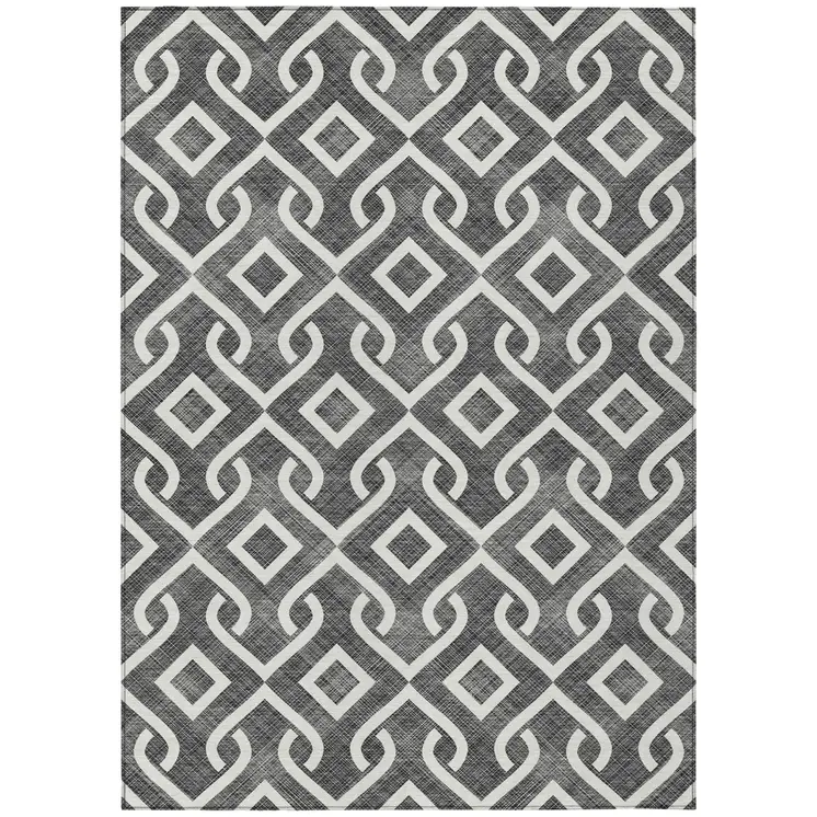 8' X 10' Black And Ivory Geometric Washable Indoor Outdoor Area Rug