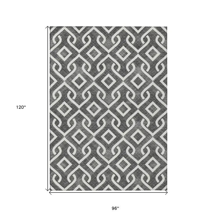 8' X 10' Black And Ivory Geometric Washable Indoor Outdoor Area Rug