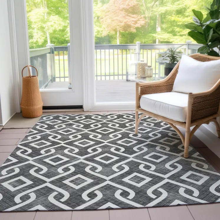8' X 10' Black And Ivory Geometric Washable Indoor Outdoor Area Rug