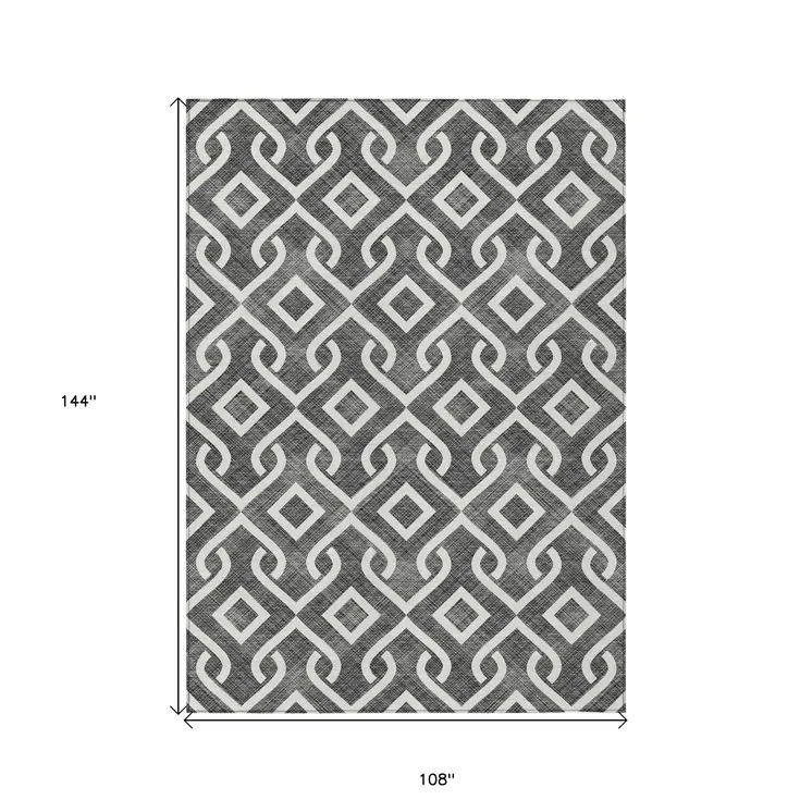 9' X 12' Black And Ivory Geometric Washable Indoor Outdoor Area Rug