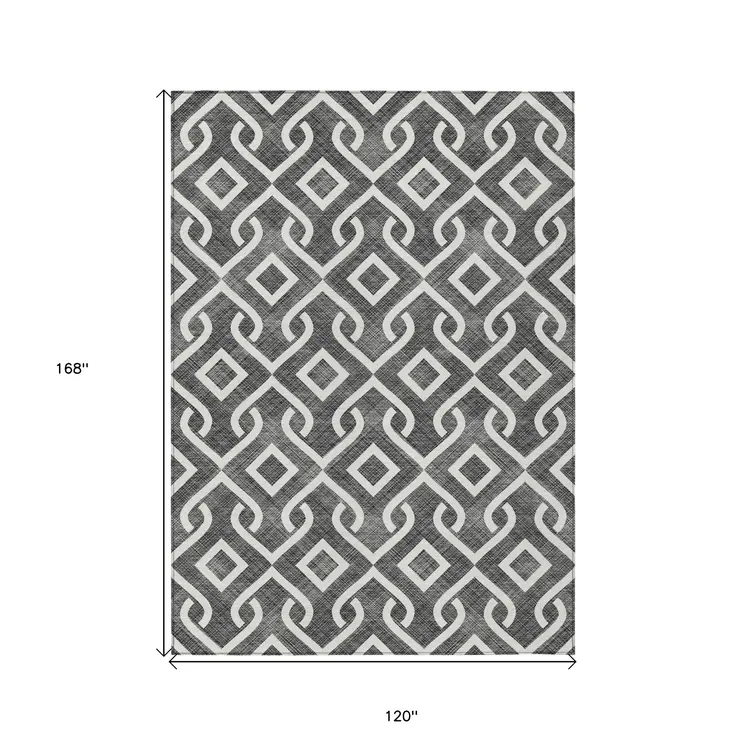 10' X 14' Black And Ivory Geometric Washable Indoor Outdoor Area Rug