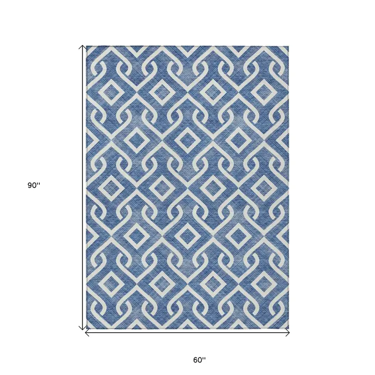 5' X 8' Blue And Ivory Geometric Washable Indoor Outdoor Area Rug