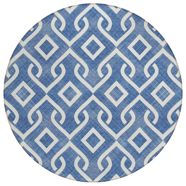 8' Blue And Ivory Round Geometric Washable Indoor Outdoor Area Rug
