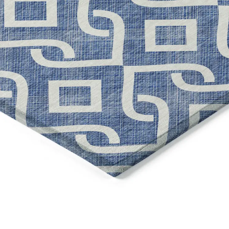 8' Blue And Ivory Round Geometric Washable Indoor Outdoor Area Rug