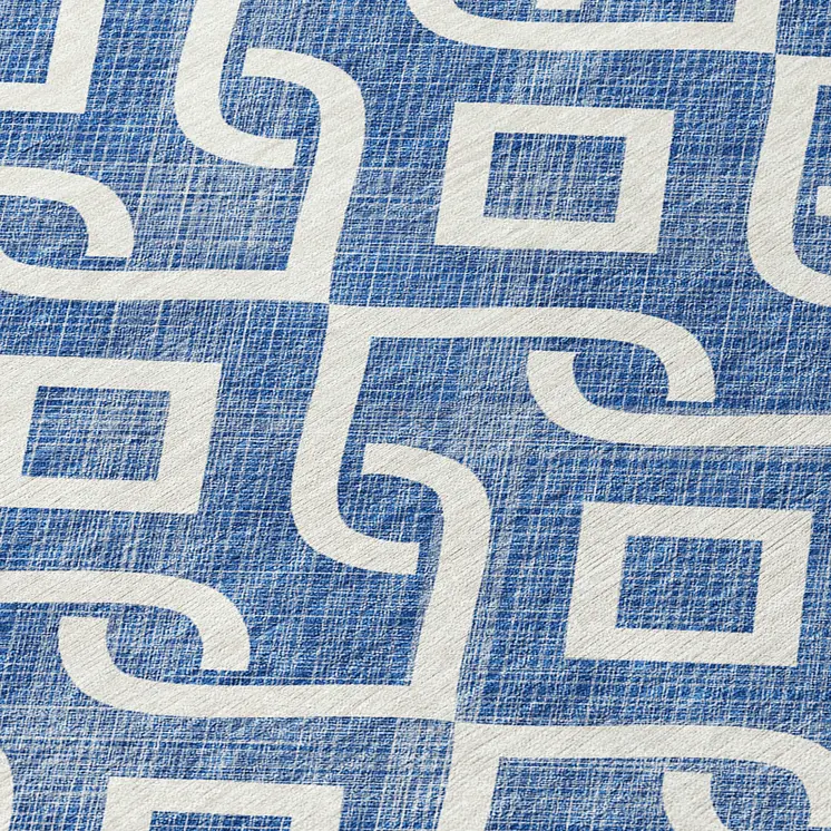 8' Blue And Ivory Round Geometric Washable Indoor Outdoor Area Rug