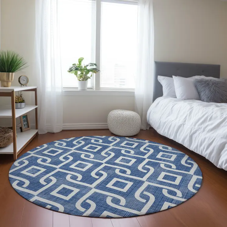 8' Blue And Ivory Round Geometric Washable Indoor Outdoor Area Rug