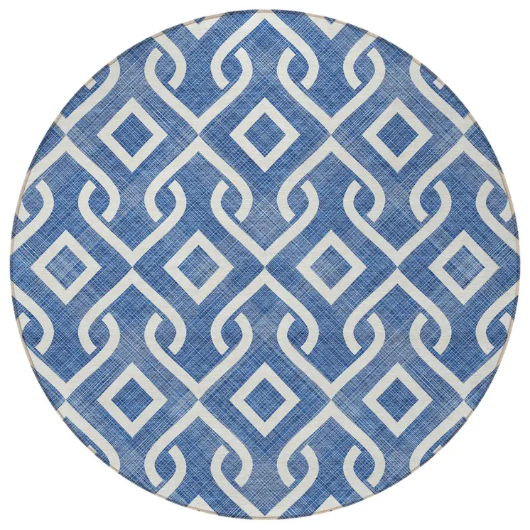 8' Blue And Ivory Round Geometric Washable Indoor Outdoor Area Rug