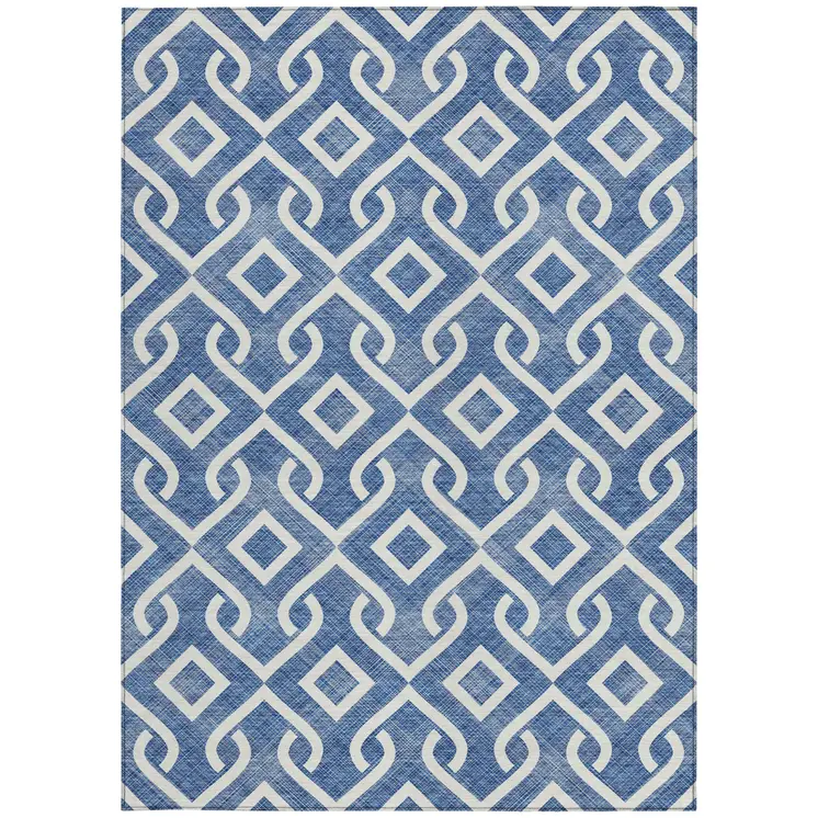 8' X 10' Blue And Ivory Geometric Washable Indoor Outdoor Area Rug