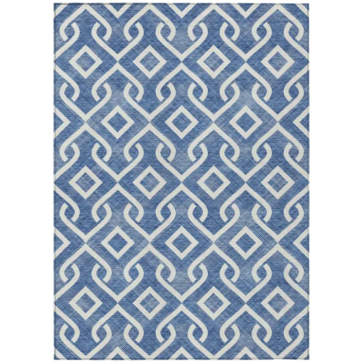 8' X 10' Blue And Ivory Geometric Washable Indoor Outdoor Area Rug