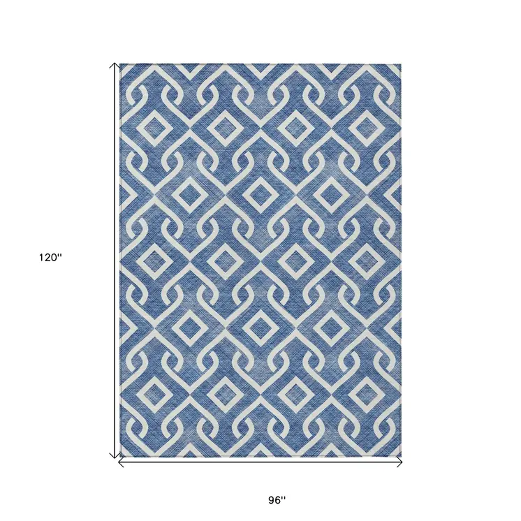 8' X 10' Blue And Ivory Geometric Washable Indoor Outdoor Area Rug