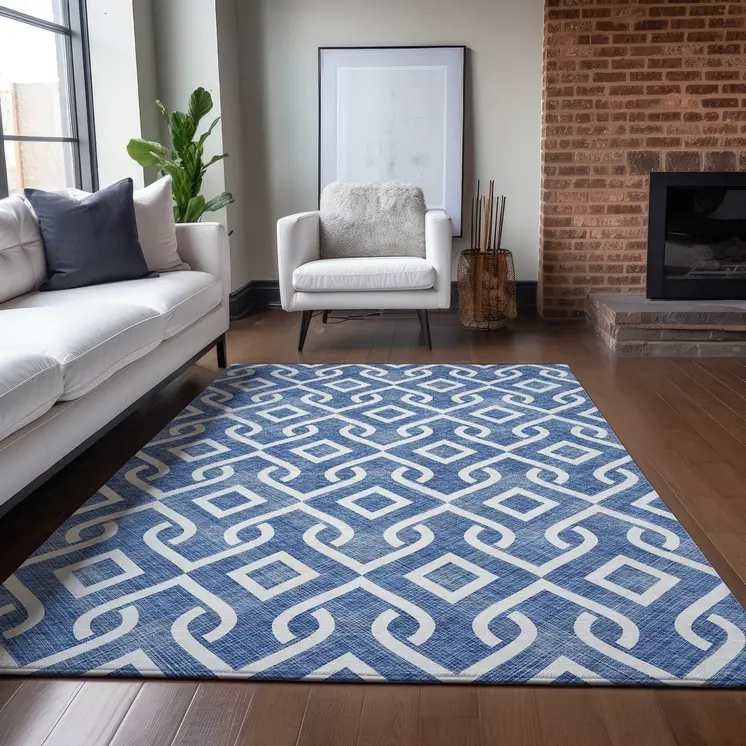 8' X 10' Blue And Ivory Geometric Washable Indoor Outdoor Area Rug