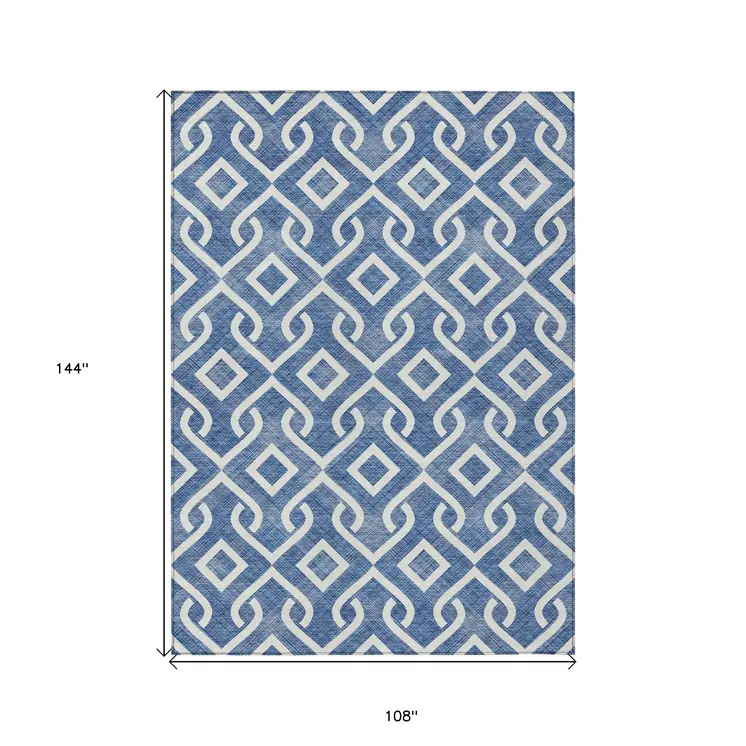 9' X 12' Blue And Ivory Geometric Washable Indoor Outdoor Area Rug
