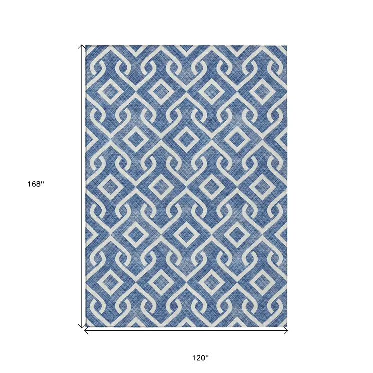 10' X 14' Blue And Ivory Geometric Washable Indoor Outdoor Area Rug