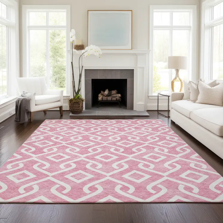 3' X 5' Blush And Ivory Geometric Washable Indoor Outdoor Area Rug