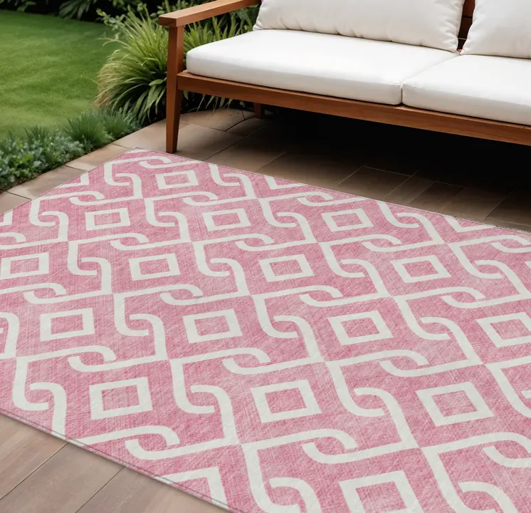 8' X 10' Blush And Ivory Geometric Washable Indoor Outdoor Area Rug
