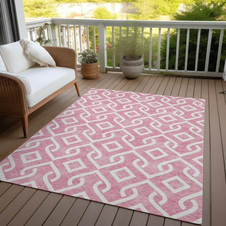 8' X 10' Blush And Ivory Geometric Washable Indoor Outdoor Area Rug