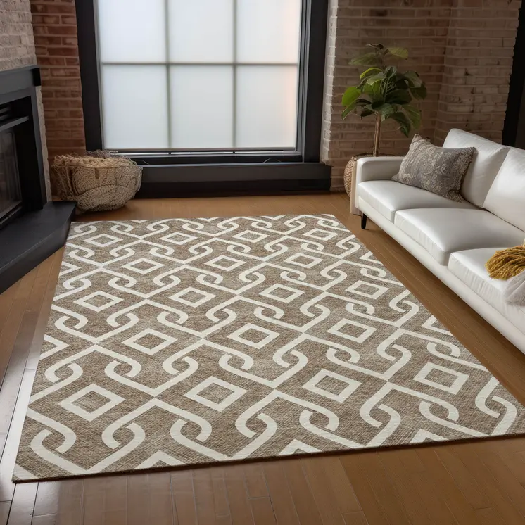 3' X 5' Brown And Ivory Geometric Washable Indoor Outdoor Area Rug