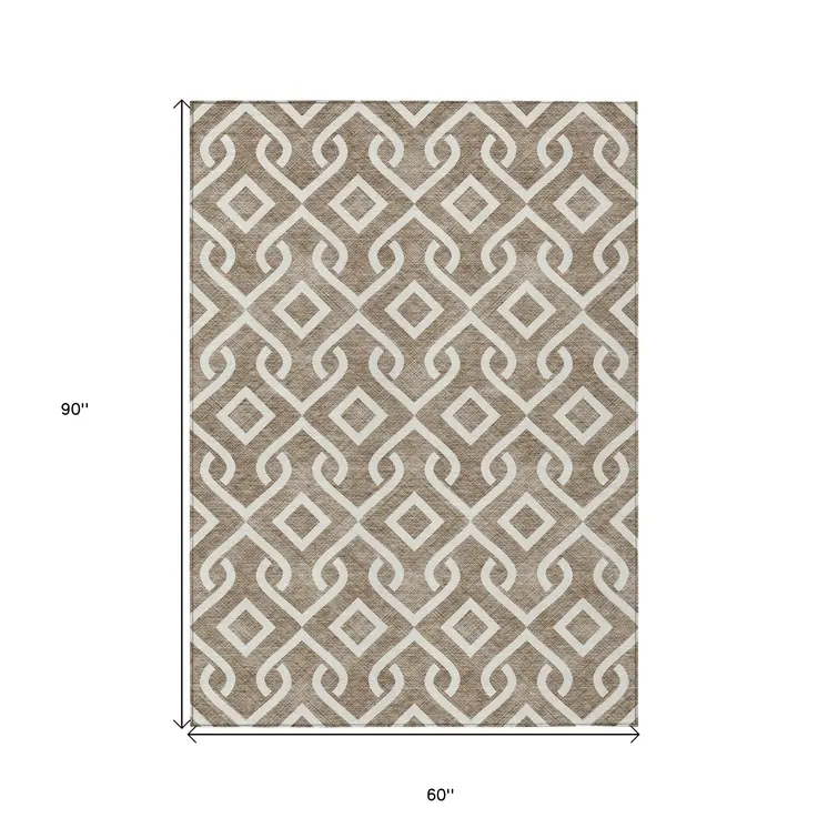 5' X 8' Brown And Ivory Geometric Washable Indoor Outdoor Area Rug