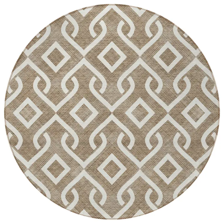 8' Brown And Ivory Round Geometric Washable Indoor Outdoor Area Rug