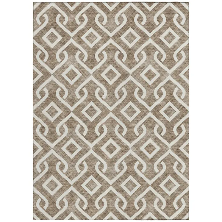 10' X 14' Brown And Ivory Geometric Washable Indoor Outdoor Area Rug
