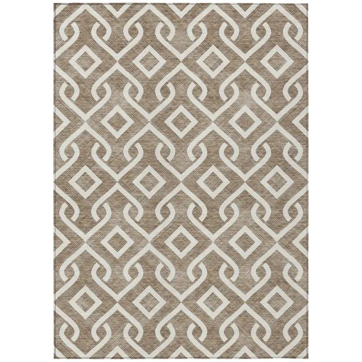 10' X 14' Brown And Ivory Geometric Washable Indoor Outdoor Area Rug