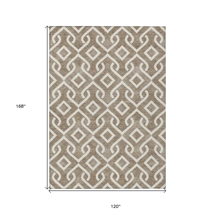 10' X 14' Brown And Ivory Geometric Washable Indoor Outdoor Area Rug