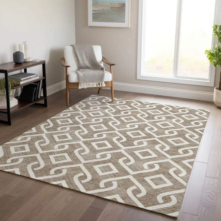 10' X 14' Brown And Ivory Geometric Washable Indoor Outdoor Area Rug