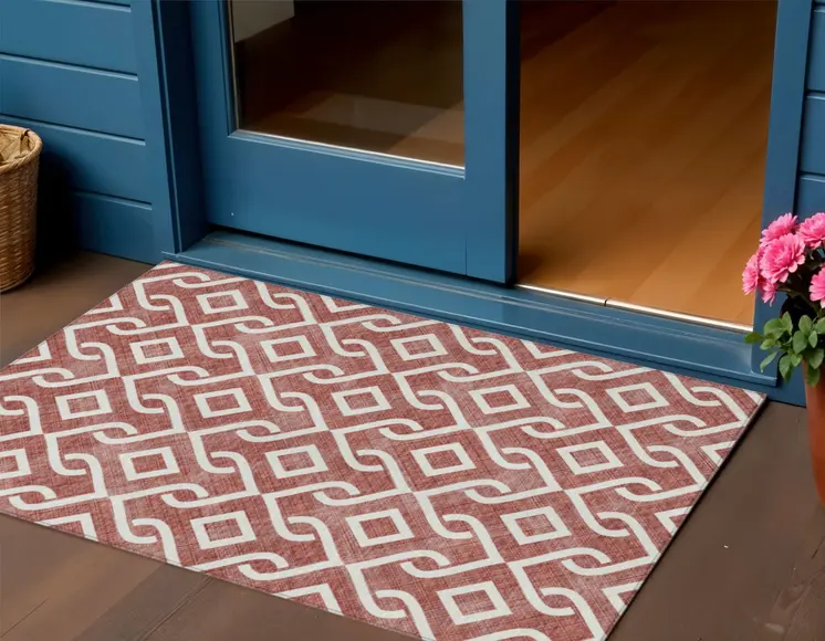 3' X 5' Burgundy And Ivory Geometric Washable Indoor Outdoor Area Rug