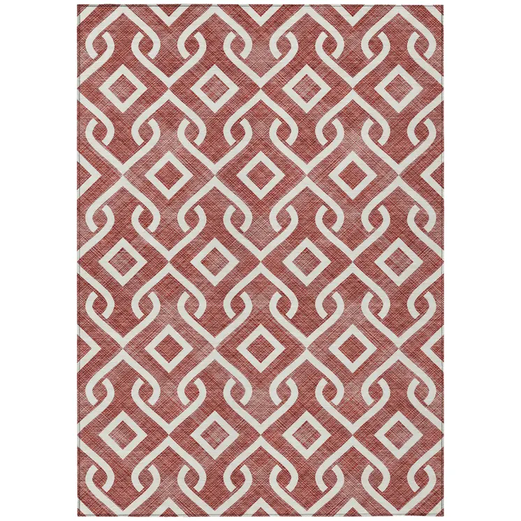 5' X 8' Burgundy And Ivory Geometric Washable Indoor Outdoor Area Rug