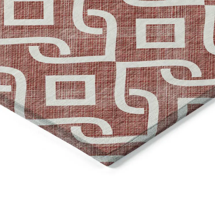 5' X 8' Burgundy And Ivory Geometric Washable Indoor Outdoor Area Rug