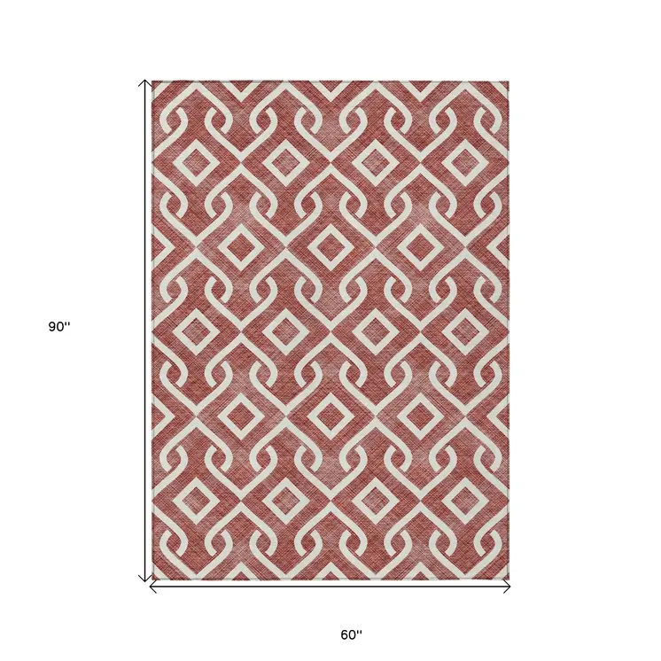 5' X 8' Burgundy And Ivory Geometric Washable Indoor Outdoor Area Rug