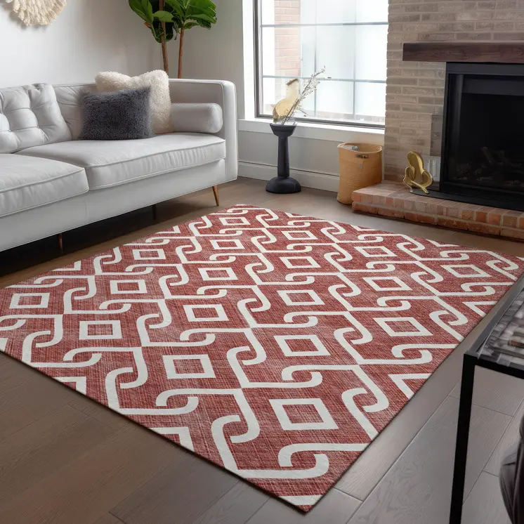 5' X 8' Burgundy And Ivory Geometric Washable Indoor Outdoor Area Rug