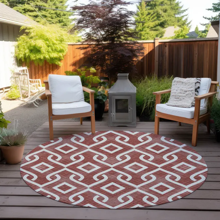 8' Burgundy And Ivory Round Geometric Washable Indoor Outdoor Area Rug