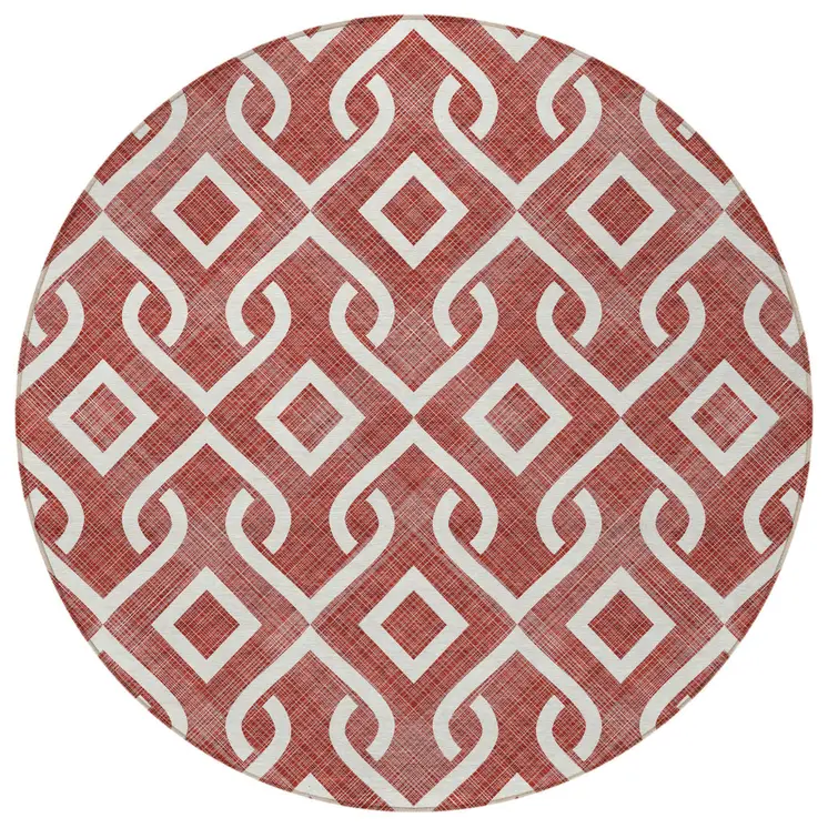 8' Burgundy And Ivory Round Geometric Washable Indoor Outdoor Area Rug