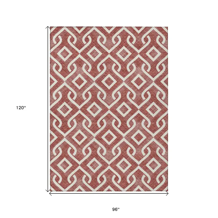 8' X 10' Burgundy And Ivory Geometric Washable Indoor Outdoor Area Rug