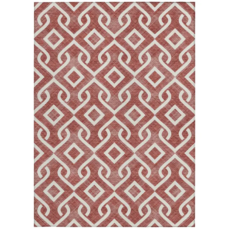 9' X 12' Burgundy And Ivory Geometric Washable Indoor Outdoor Area Rug