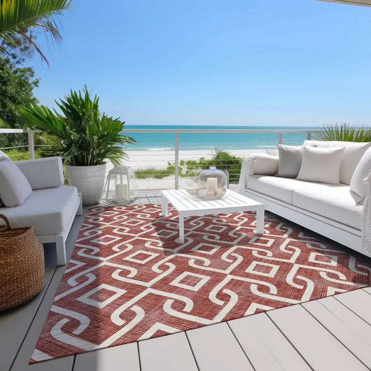 9' X 12' Burgundy And Ivory Geometric Washable Indoor Outdoor Area Rug