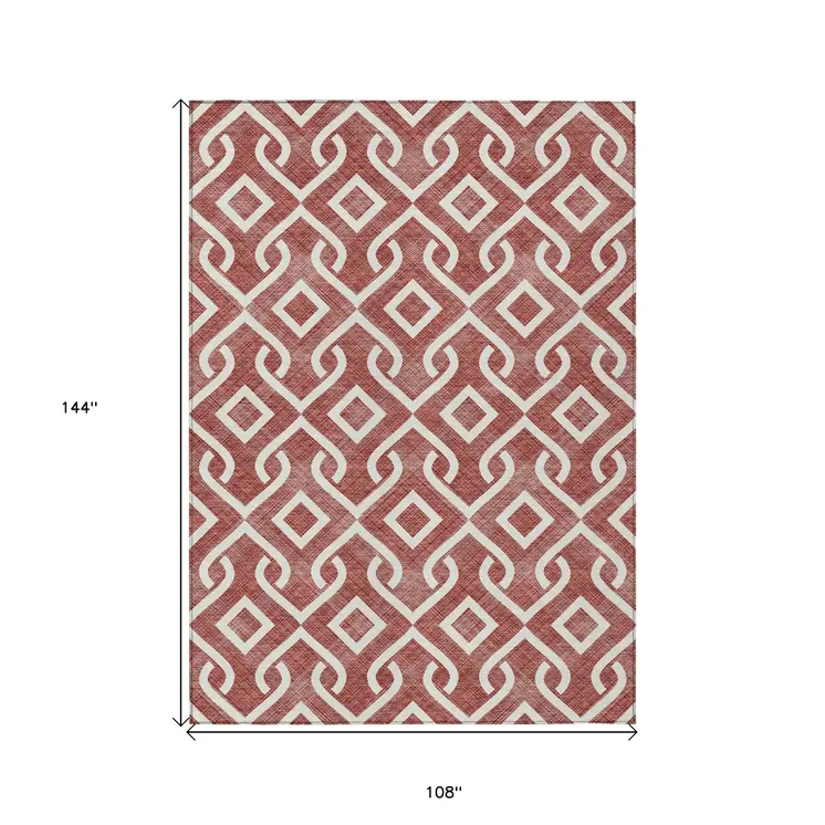 9' X 12' Burgundy And Ivory Geometric Washable Indoor Outdoor Area Rug