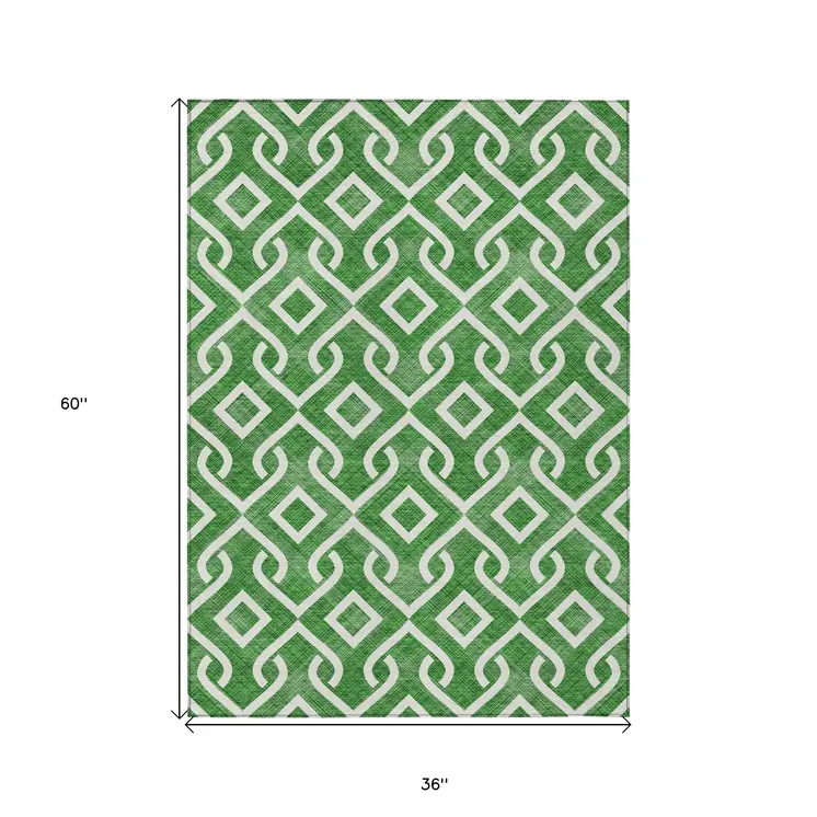 3' X 5' Emerald And Ivory Geometric Washable Indoor Outdoor Area Rug